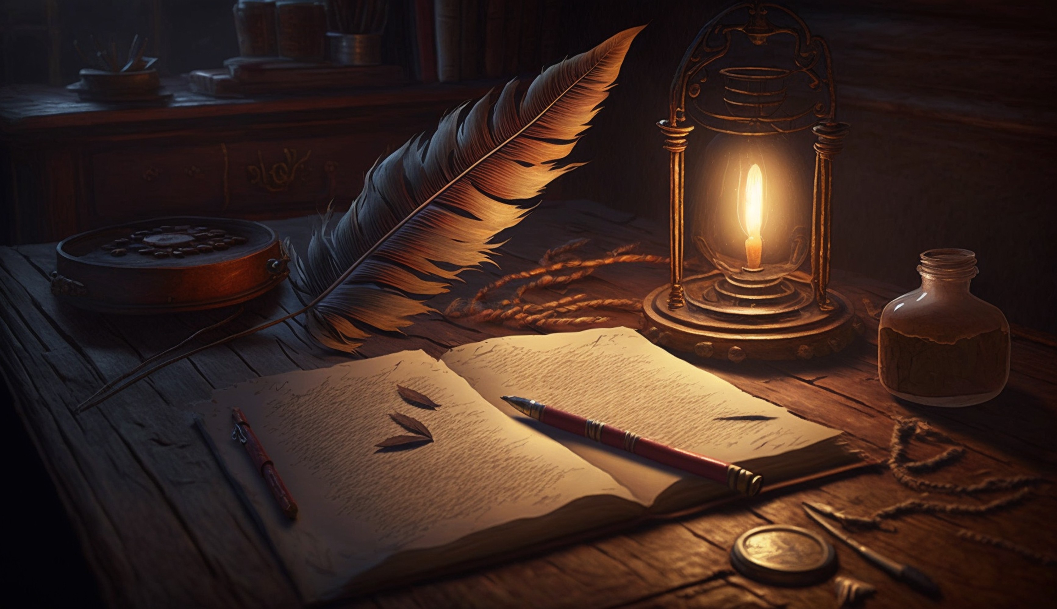 still life with lamp pen lantern book