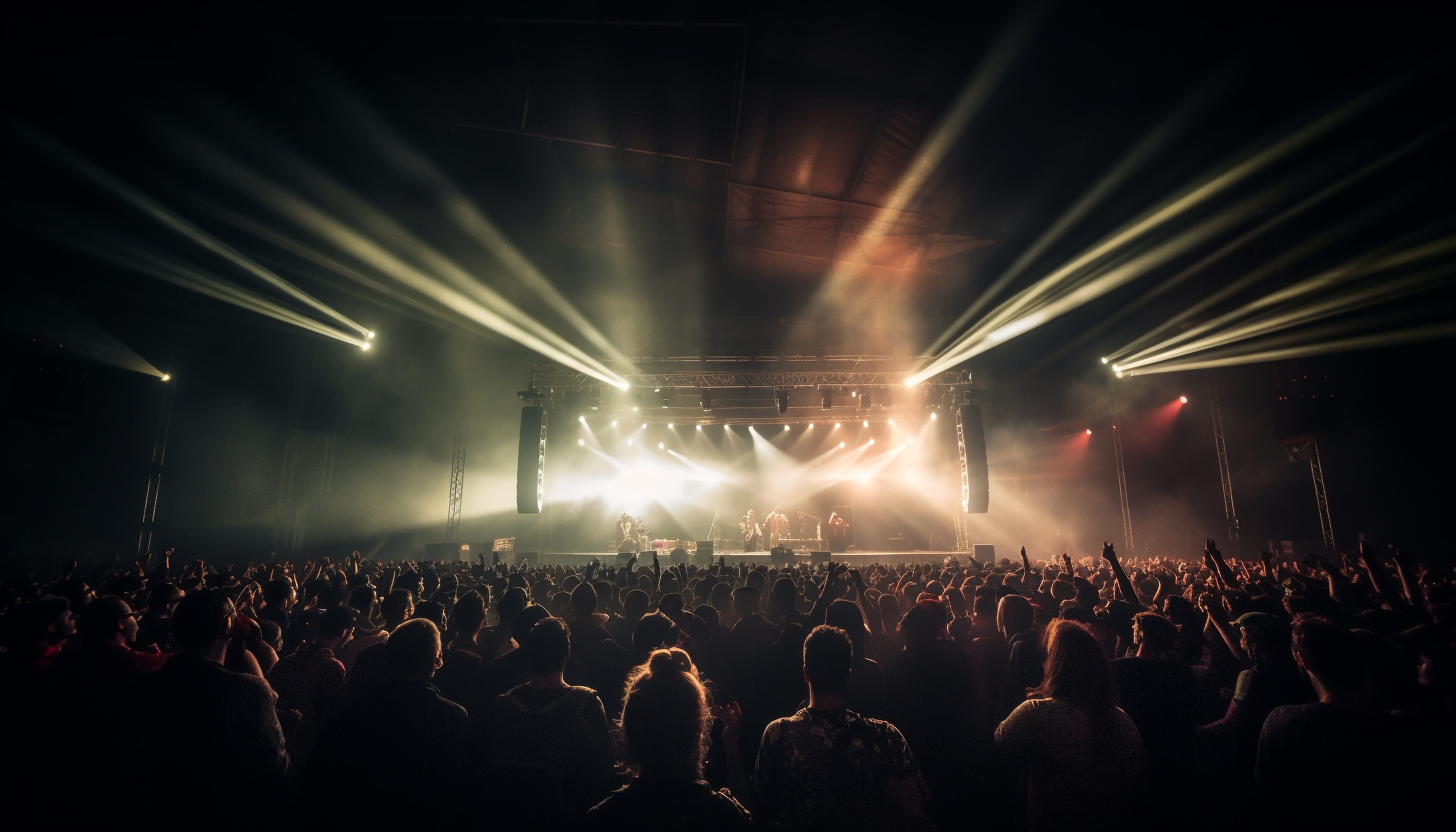 glowing stage light illuminates cheering rock fans generated by ai
